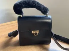 ファー付きハンドル ハンドバッグ ショルダーバッグ ブラック