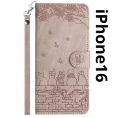 手帳型スマホケースiPhone16（ネコのお花見グレー）iPhoneケース017