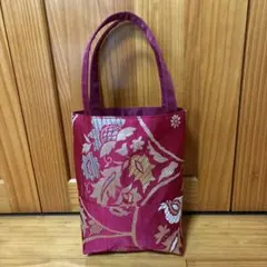 404 帯リメイクバッグ　赤色刺繍トートバッグ