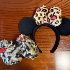 2点セット カチューシャ耳当て　ディズニー　ミニー　レオパード ヒョウ柄 リボン