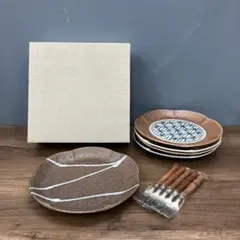 E-1 昭和レトロ 和食器 盛皿 5客セット フォーク付き 陶器 デザート皿