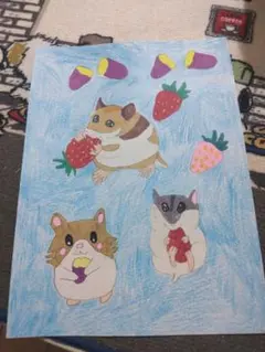 手描きイラスト ハムスターとフルーツのアート作品