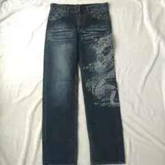 ドラゴン刺繍 ダークブルーデニムパンツ