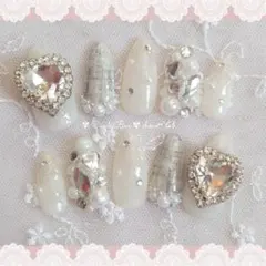 現品❤乳白色 グレー ツイード ワンホン 大きめハートビジュー 韓国ネイルチップ