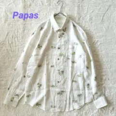 Papas パパス メンズ リネンシャツ 麻100% ヤシの木刺繍 長袖 白のサムネイル