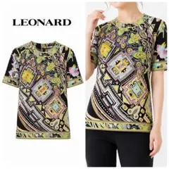 a135【美品】LEONARDレオナール トリム 花柄カットソー ブラック黒 L
