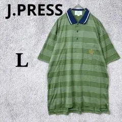 4598 J.PRESS POLO衫 L 綠色 條紋 純棉 日本製造 高爾夫