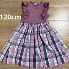 anyFAMノースリーブ ワンピース 120cm パープル チェック 紫　夏