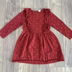 H&M ワインレッド　ドット柄長袖ワンピース ニットワンピース　フリル【110】