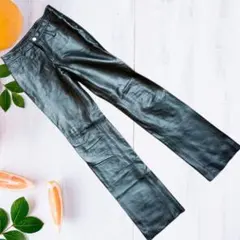 カウレザーパンツ　革パン　牛革　本革　モード　光沢　艶感　高級感　黒　M　古着