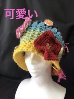 手作りニット帽　バケット　可愛い　お花　‼️モチーフ　多色　パープル　黄色他