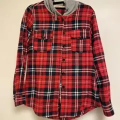 フード付きレッドチェックシャツ　Lサイズ