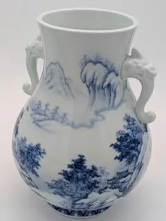 希少 宮内庁御用達深川製磁 染付 山水双耳花瓶 染付 花瓶 花器 花入