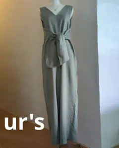 ur's グレーベージュ Vネック オールインワン ウエストリボン付き