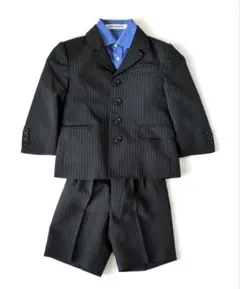 フォーマルスーツ 黒とグレーストライプ、青ブラウス3点セット 100cm