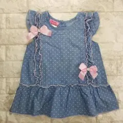 ストーン付き ピンクリボン　デニム風カットソー