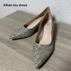 Xihan xiu shoes・ゴールドグリッター　パンプス　チャンキーヒール