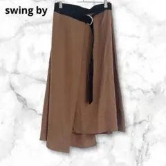 スウィングバイ　フレアスカート　ロング丈　黒ベルト付き　L ゆったり　ブラウン系