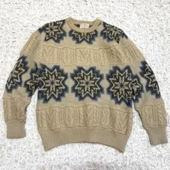 日本製 ノルディック柄 ニット セーター ウール100% ベージュ M 古着