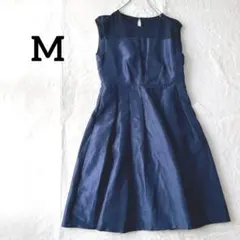 【パーティードレス】　フレア　シアー切り替え　サテン　結婚式　上品　ネイビーM