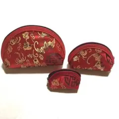 赤い花模様のポーチ3点セット