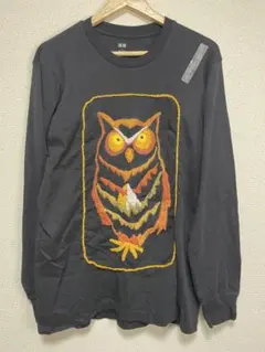 フクロウ刺繍 長袖Tシャツ 黒 Lサイズ