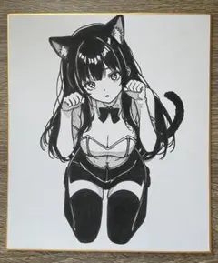 み*ん様 オリジナル 手描きイラスト アナログ　小色紙　可愛い女の子　黒猫ちゃん