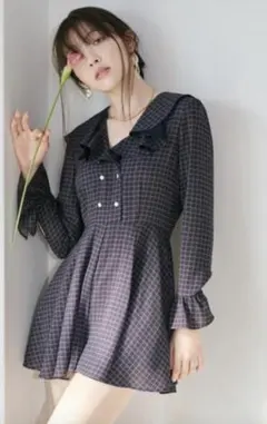 【新品】LILY BROWN チェック柄フリル襟ワンピース