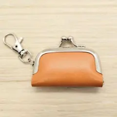 がま口 小さい財布 キーホルダー 角6cm ライトブラウン 革 レザー チャーム