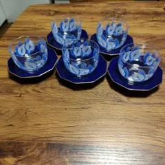 香蘭社の青い葉模様のガラスコップ5個セット