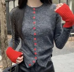 カーディガン バイカラー ニット グレー