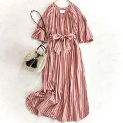 マーラカランコエ ストライプシャツワンピース 綿 オレンジ ゆったり ベルト