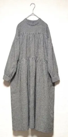 美品　オオカミとフクロウ　綿麻ギンガムチェックティアードロングワンピース