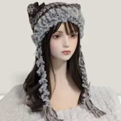 ☆アースカラー☆ ハンドメイド 猫耳ニット帽 リボン付き y2k グランジ