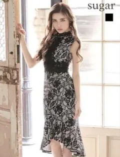 sugar レース ハイネック 膝丈ミディドレス