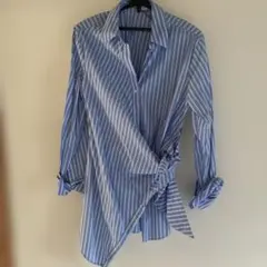 mangoストライプ柄 ラップデザイン 長袖シャツ ブルー