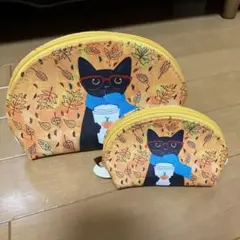 ネコイラストポーチ　秋デザイン　大小2個セット