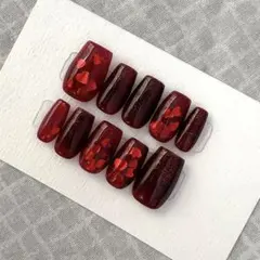 【即購入◎】ネイルチップ　ハートホロちゅるん キラキラ ダークレッド