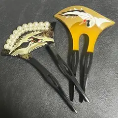 2点セット 簪 かんざし 髪飾り パール バチ型 鶴 和装小物 留袖 結婚式