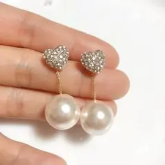 【在庫処分】14KGP キラキラハート　ゆらゆらパール　2way ピアス