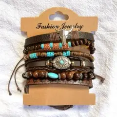 6点セット レザー調 ブレスレット ターコイズ ウッド 民族 ボヘミアン 新品