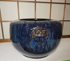 古中国火鉢　海鼠釉薬　粋なメダカ鉢 70×37センチ 古い中国火鉢 メダカ鉢使用 粋な海鼠釉薬時代有り 47×36 落款有り