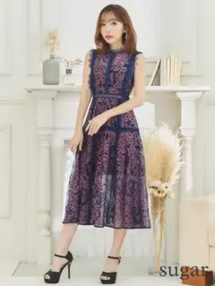 sugar(ERUKEI)フラワーレース Aラインドレス ノースリーブ ネイビー
