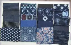 古布藍染木綿　048　無地　絣、型染め、縞などのはぎれ20種２０枚セット。