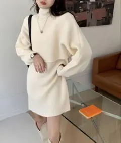 ハイネックリブニット+ノースリーブワンピースセット