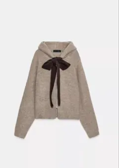ZARAフード付きタイベルトニットカーディガン　リボン　パーカー　フーディ