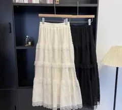 レースティアードロングスカート ホワイト・ブラック