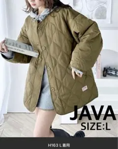 java コラボ ノーカラー オーバーサイズ キルティング コート カーキ L