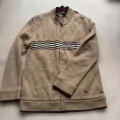 バーバリーブラックレーベル ジップアップニット 配色ライン 刺繍 ブラウン