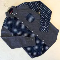 ネバーエンディングランド ドット切替 ボタンダウンシャツ ネイビー カジュアル